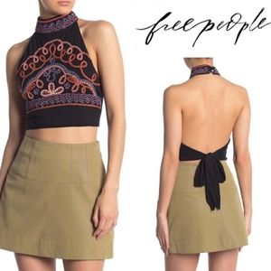 Free People Goa embroidered black halter crop top